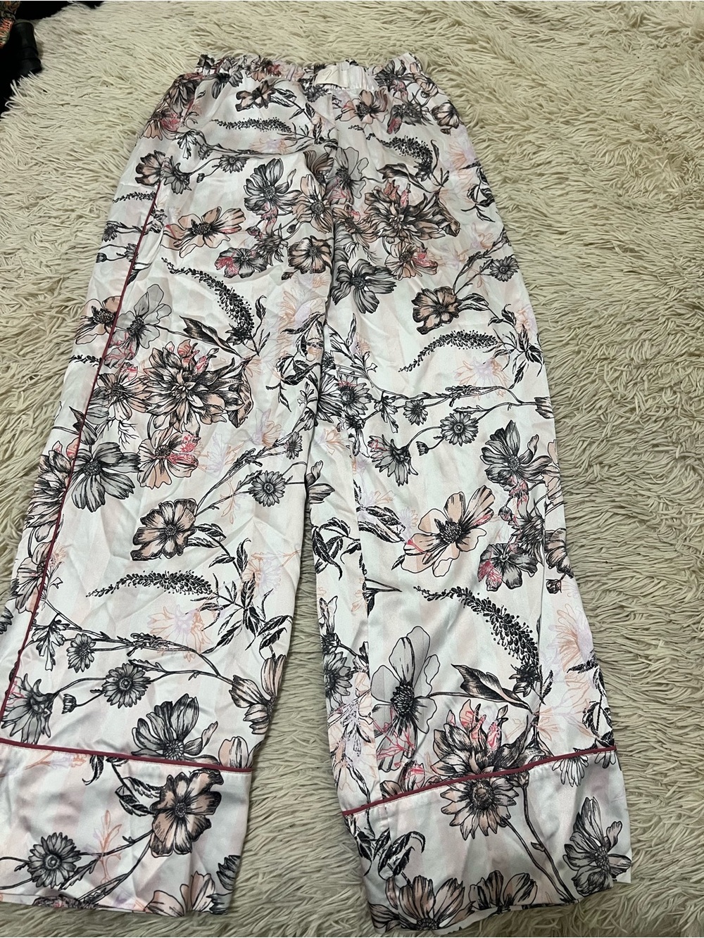 Victoria's Secret White Wide-Leg Floral Lounge Pants with Pink & Black Accents